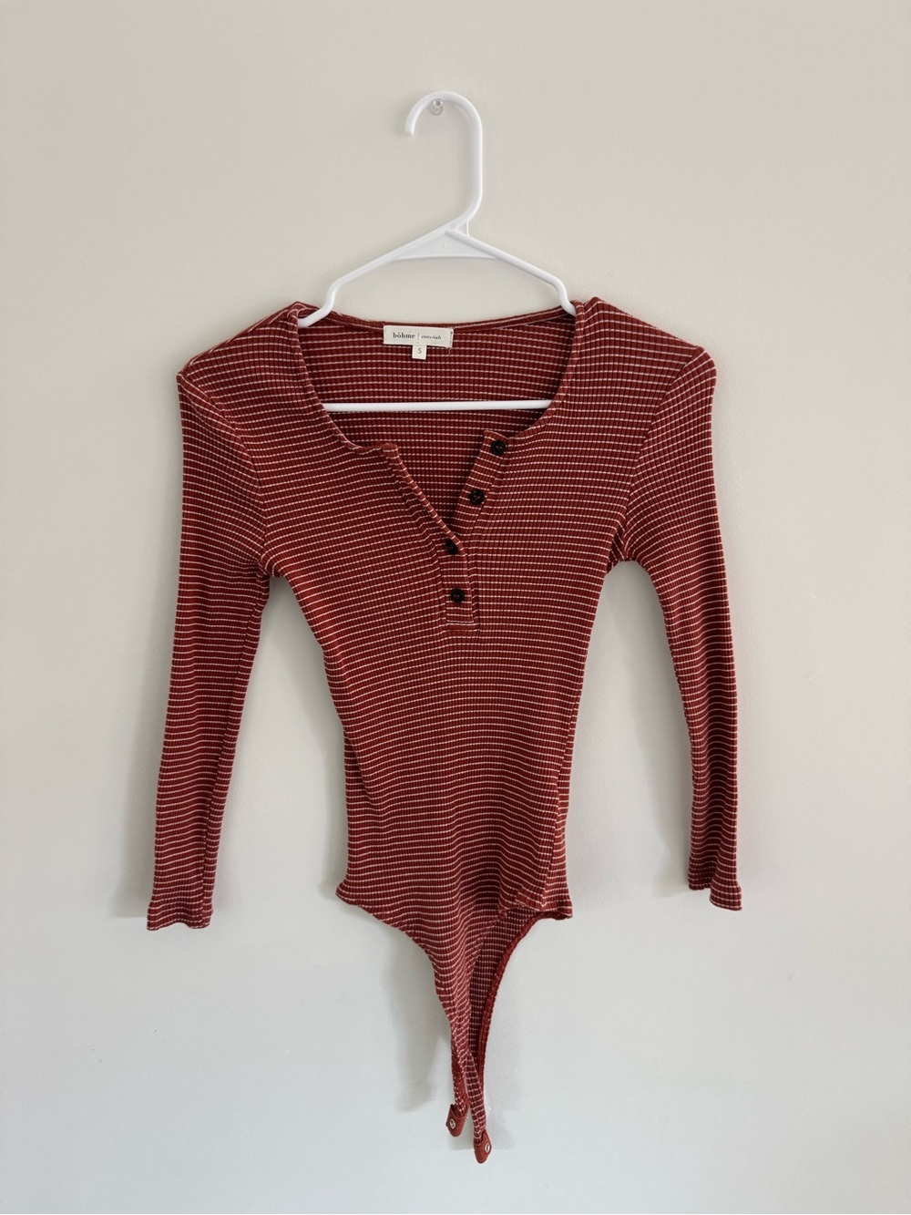 Rust Red and White Striped Ribbed Long-Sleeve Henley Bodysuit